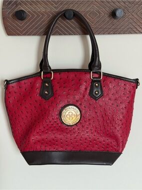 Red Dark Brown Faux Leather Ostrich Embossed Tote Purse